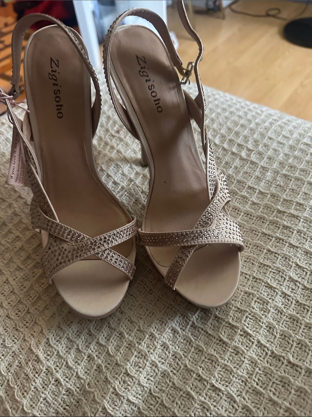 Zigi Soho Blush Nude Rhinestone Cross-Strap Slingback Heels